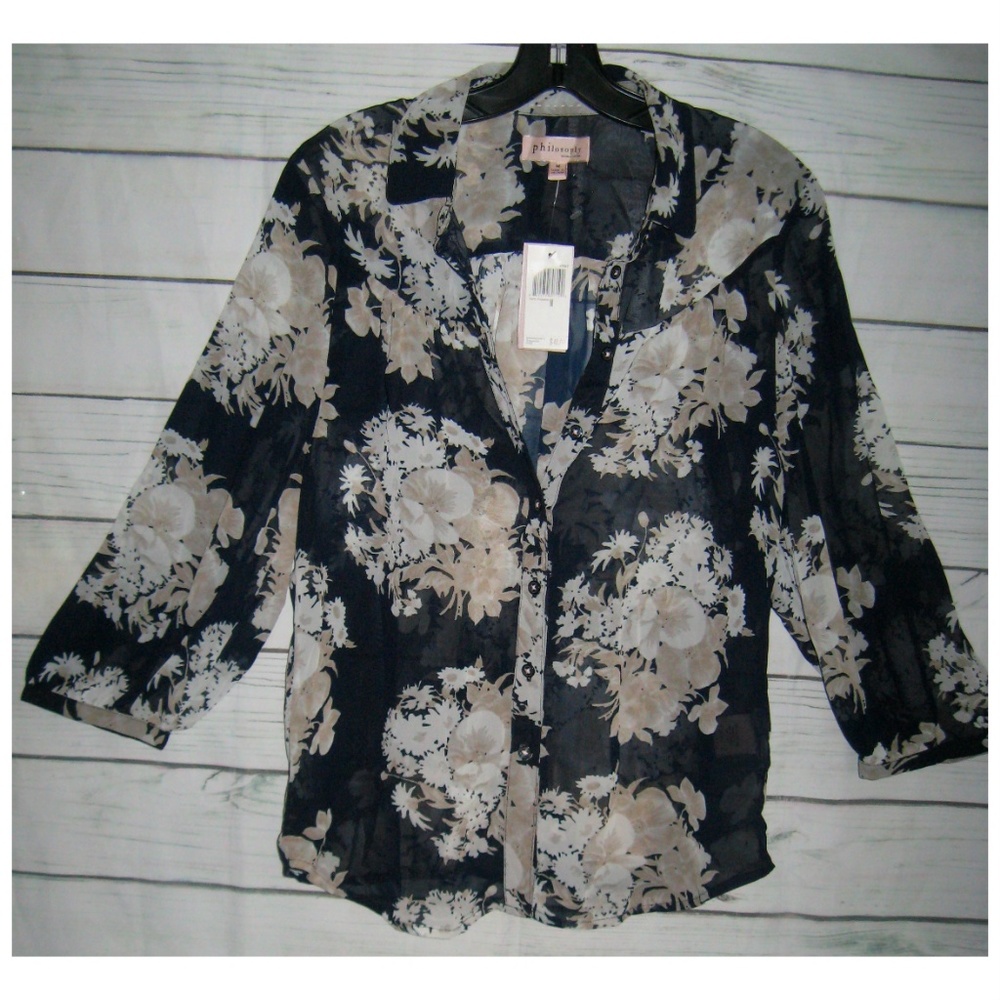 NEW Philosophy Blue Floral Sheer Blouse (M)-Tags removed to wash, never worn!